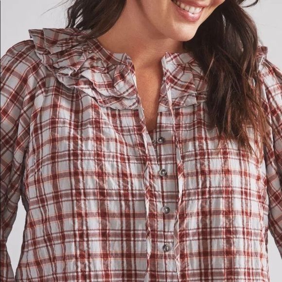 Anthropologie Maeve Ruffled Plaid Buttondown Red Mottif NWT M - Picture 8 of 12